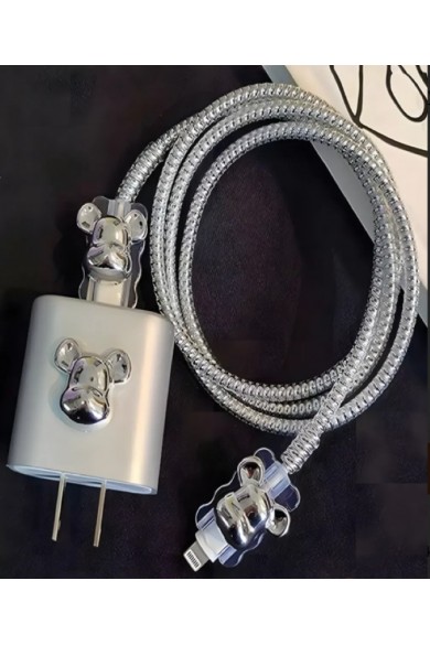Phone 18W/20W Uyumlu Şarj Kılıfı,Kablo Örme Aparatı,Kablo Koruyucu Aparatları,Toparlayıcı 5 li set Gümüş Ayıcıklı