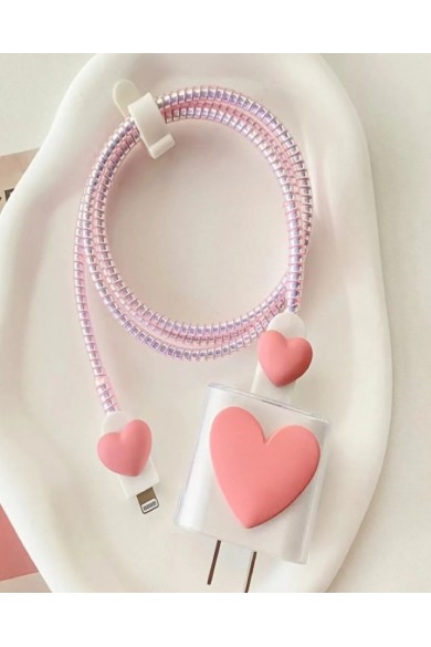 İphone 18w/20w Uyumlu Şarj Kılıfı,kablo Örme Aparatı,kablo Koruyucu Aparatları,toparlayıcı 5 Li Set Pembe Kalp